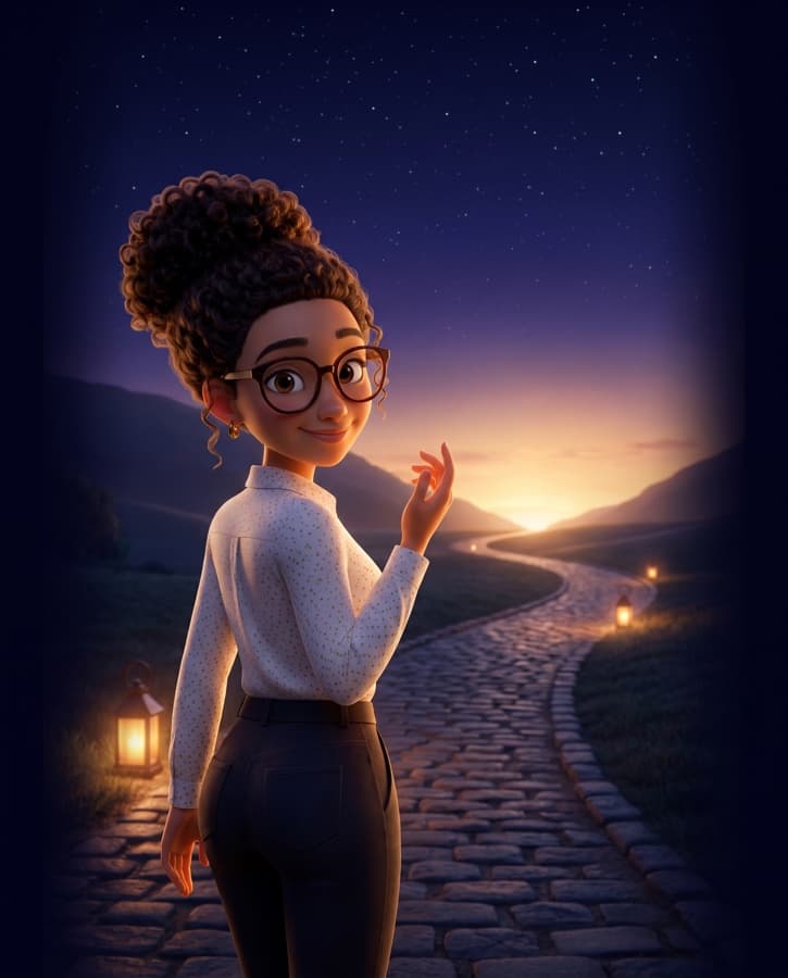 Kai on a lantern-lit path at night, looking back toward the dawn